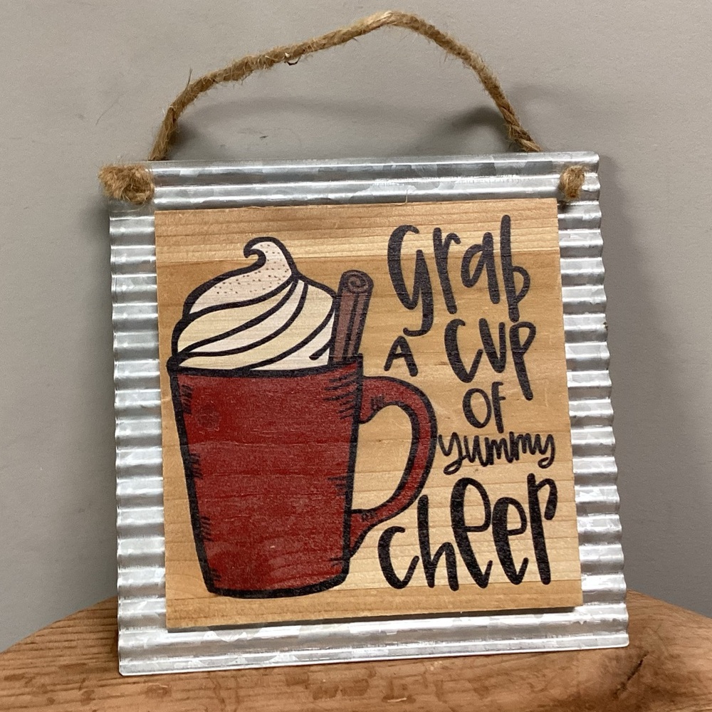 🔴 Wood & Metal Crafted “Grab A Cup of Yummy Cheer” - Cute - Excellent - Decor
